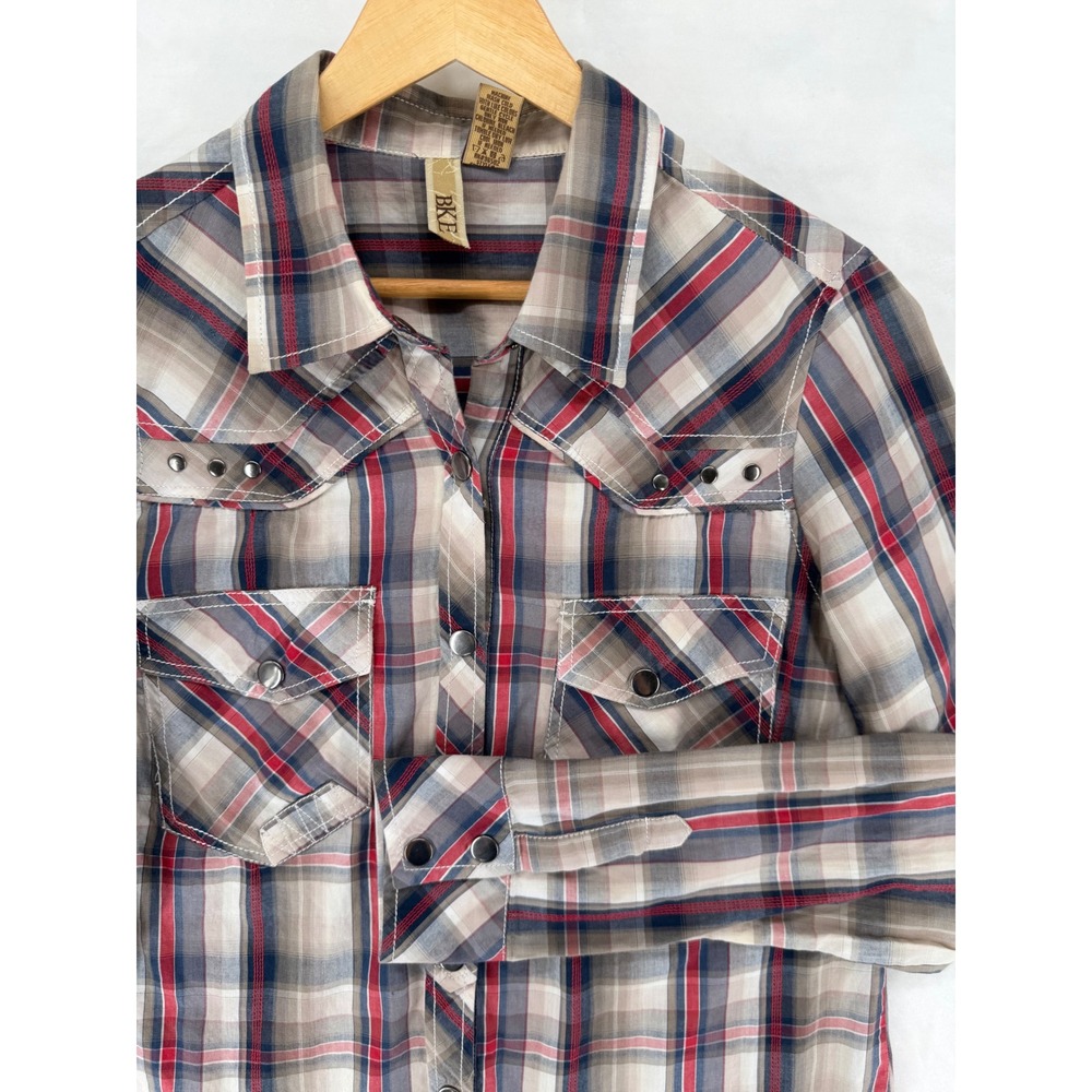BKE Mens Plaid Western Snap Button Down Shirt Tan Blue Red Cotton Large